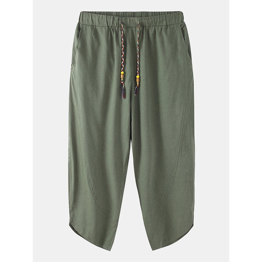 Mens Cotton Drawstring Solid Color Casual Calf Length Pants - Khaki M