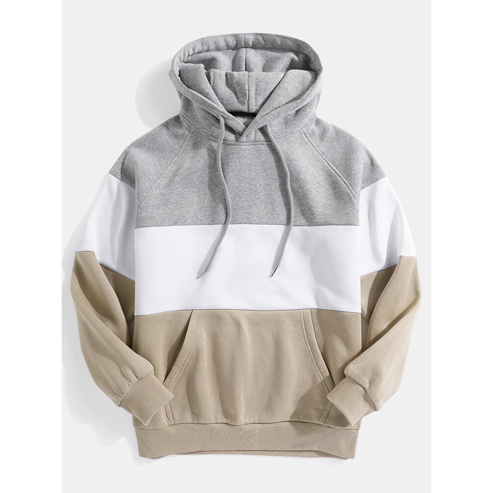 Mens Panel Patchwork Raglan Sleeve Loose Kangaroo Pocket Drawstring Hoodies - Grey 2XL