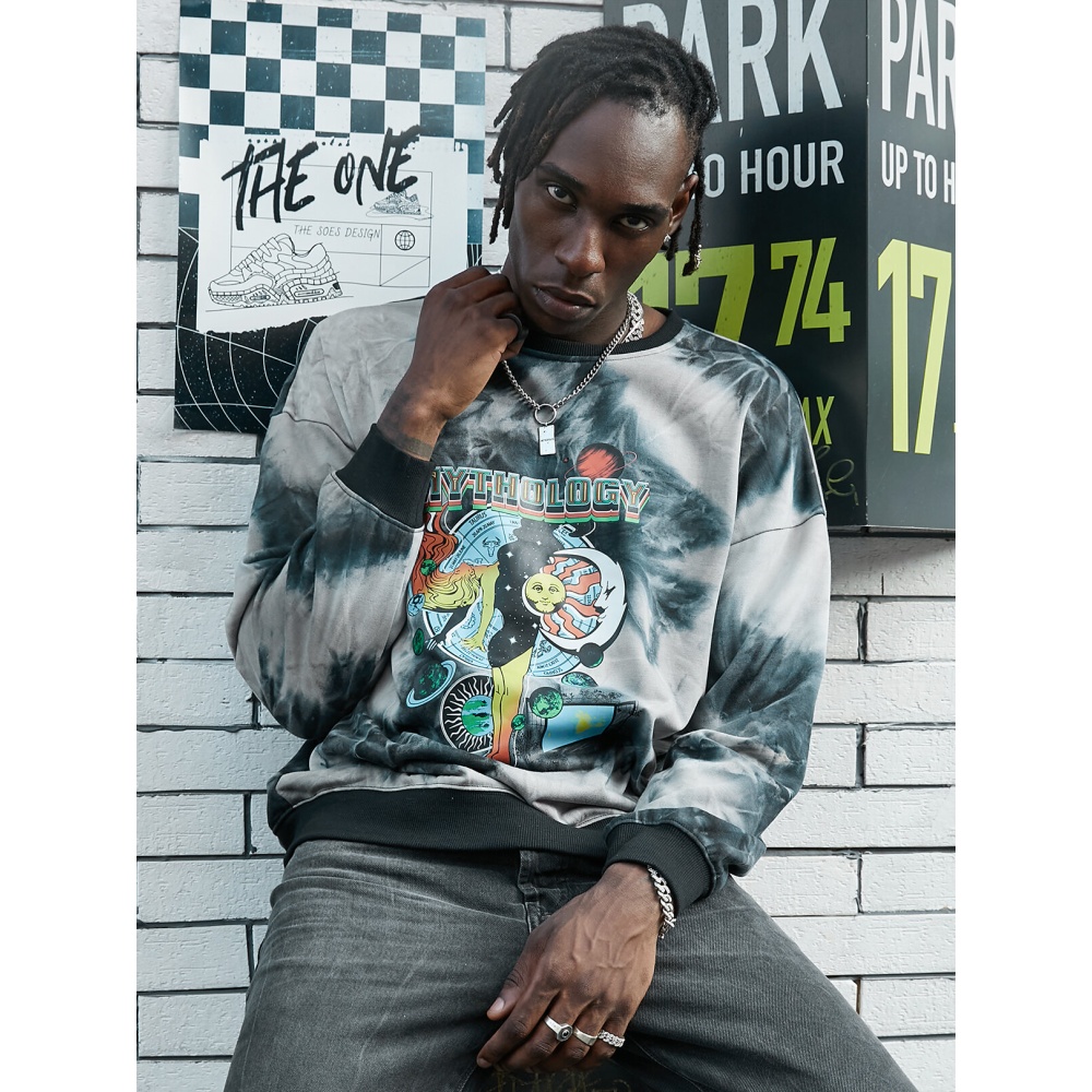 Men Tie Dye Cartoon Print Crew Neck Sweatshirt - Black S