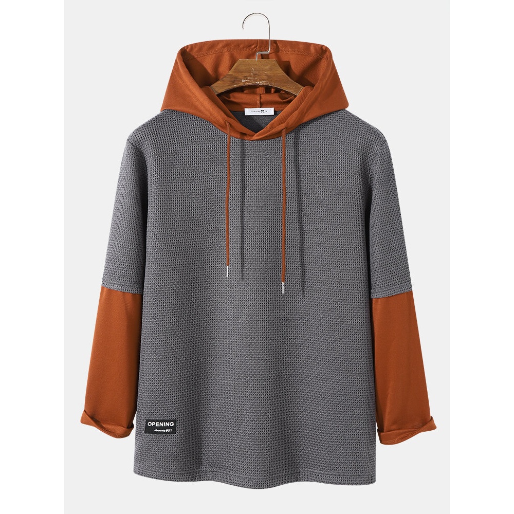 Mens Color Block Patchwork Drawstring Hoodie - Grey S