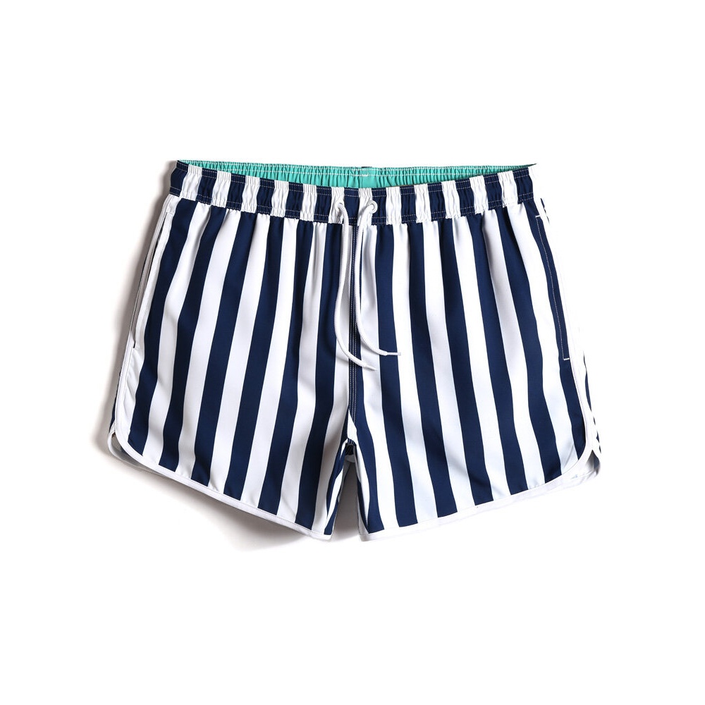 Mens Classic Striped Print Loose Quick Dry Drawstring Waist Holiday Beach Board Shorts - White S