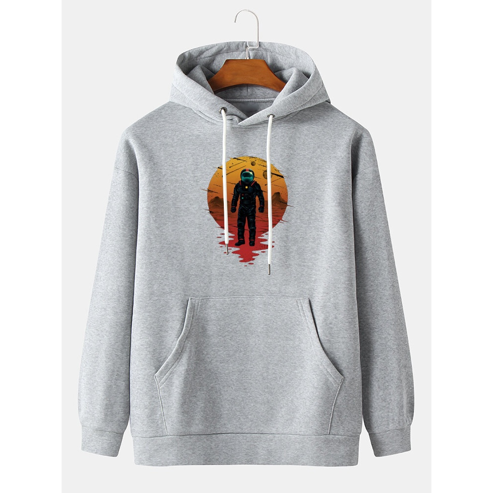 Mens Astronaut Print Drop Shoulder Kangaroo Pocket Long Sleeve Hoodies - Black XL