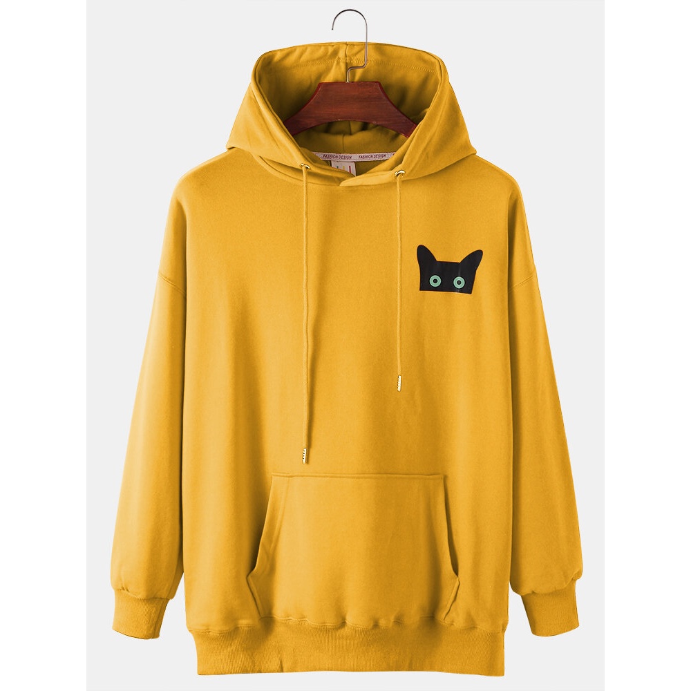 Mens Cotton Cartoon Cat Print Kangaroo Pocket Drop Shoulder Hoodies - White M