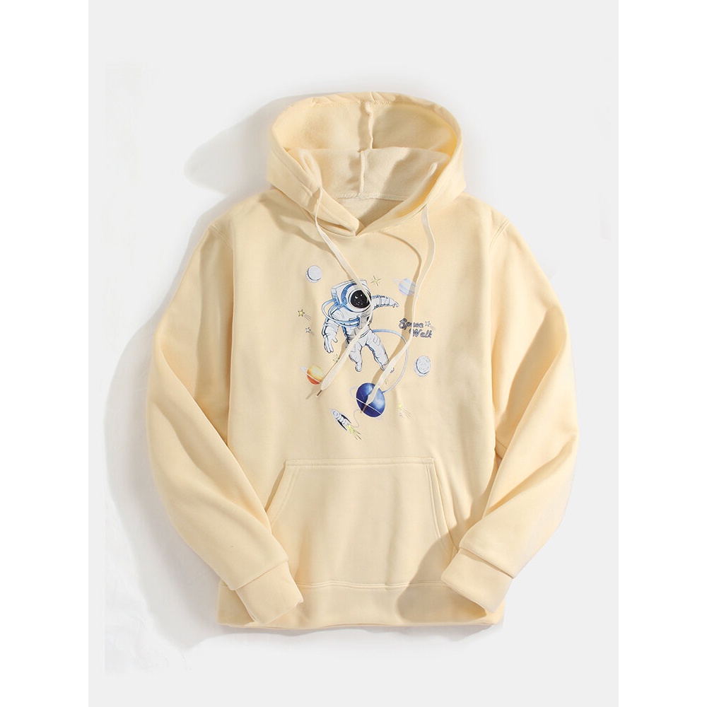 Mens Planet & Astronaut Print Long Sleeve Kangaroo Pocket Cute Hoodies - Grey S