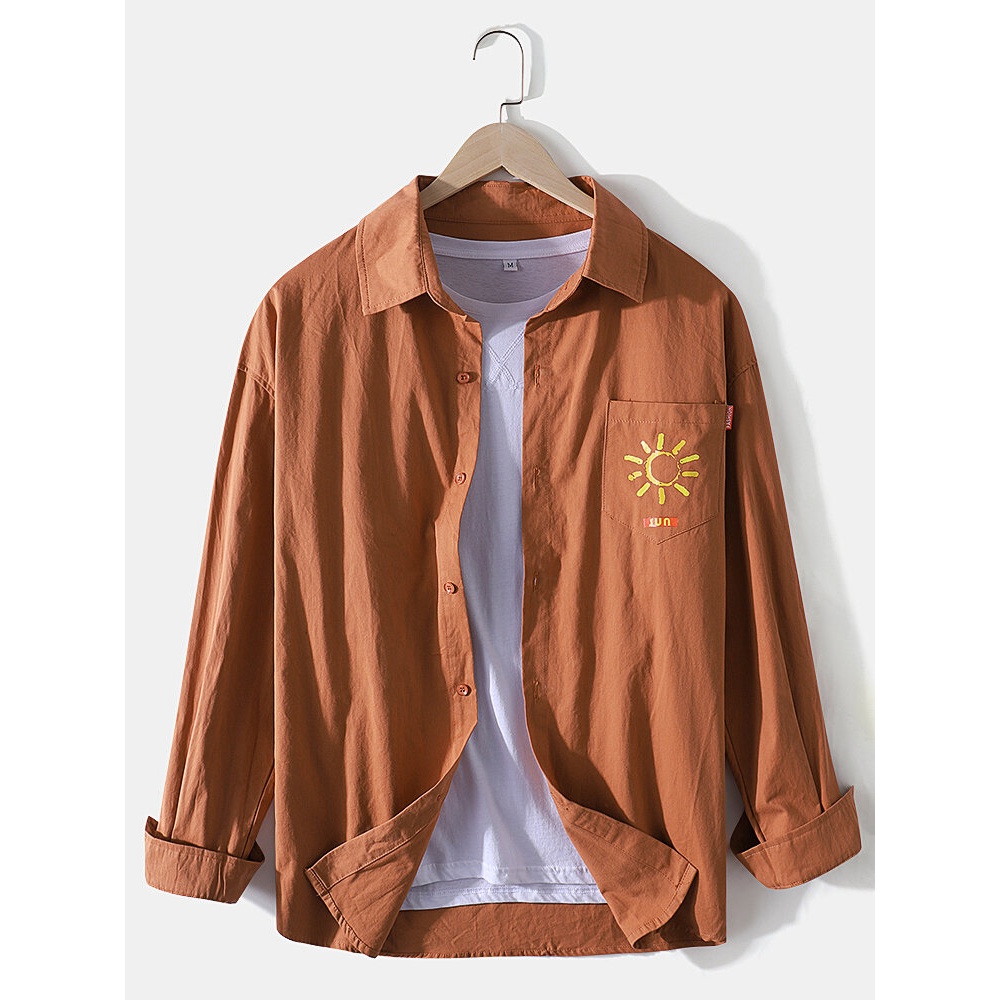 Mens Cotton Simple Solid Color Long Sleeve Shirts With Sun Print Pocket - Red S