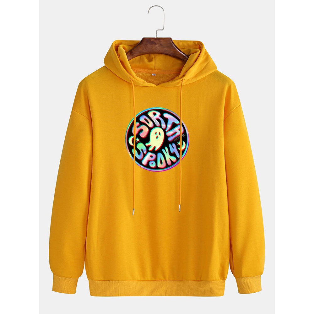 Mens Reflective Ghost Print Street Style Pullover Drawstring Hoodie - White M