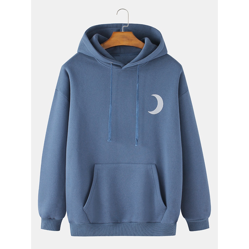 Mens Moon Reflective Print Drop Shoulder Kangaroo Pocket Drawstring Cotton Hoodies - Blue 2XL