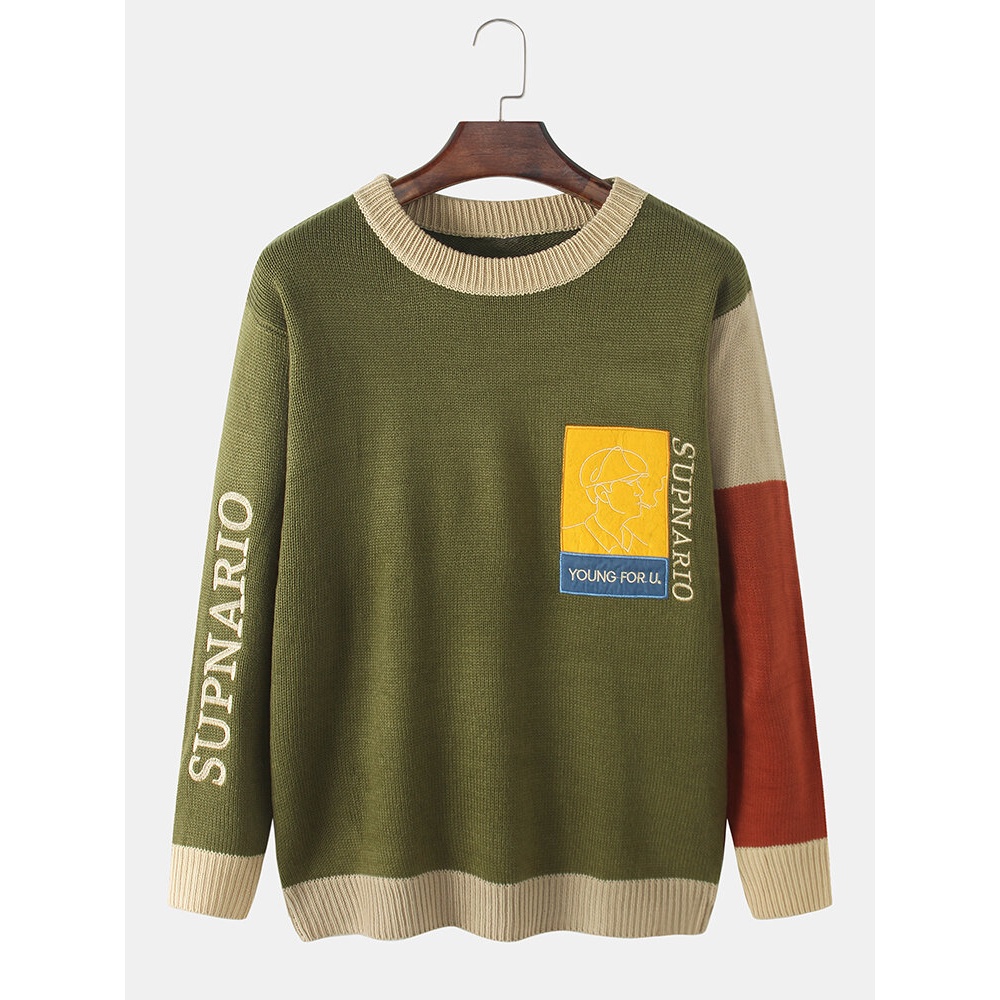 Mens Letter Graphic Embroidered Long Sleeve Knitted Sweaters - 5XL Green