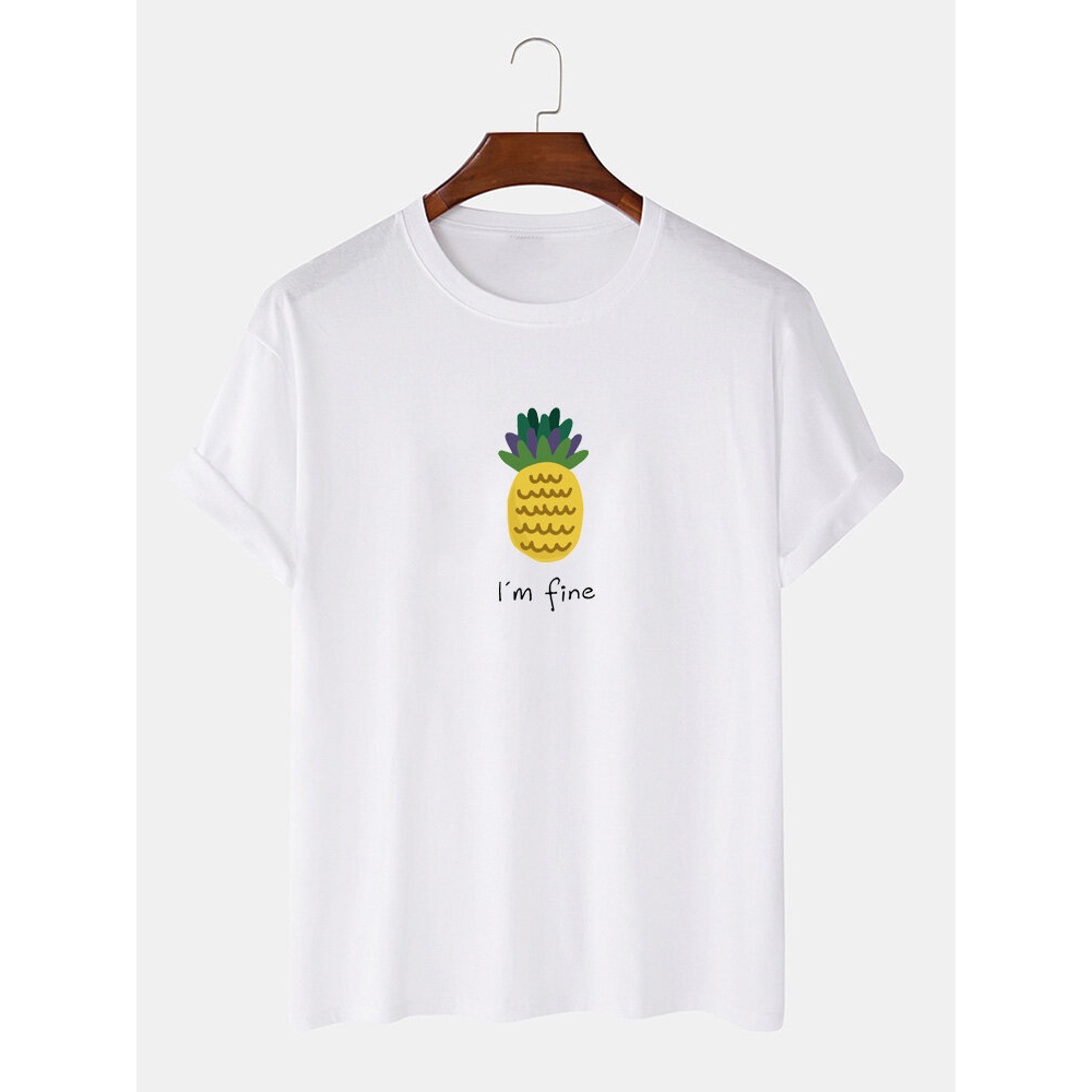 Cartoon Pineapple Pattern Letter Print Cotton Short Sleeve T-Shirts - Grey M