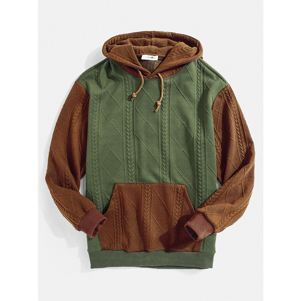 Mens Contrast Color Patchwork Kangaroo Pocket Hoodies - Black S