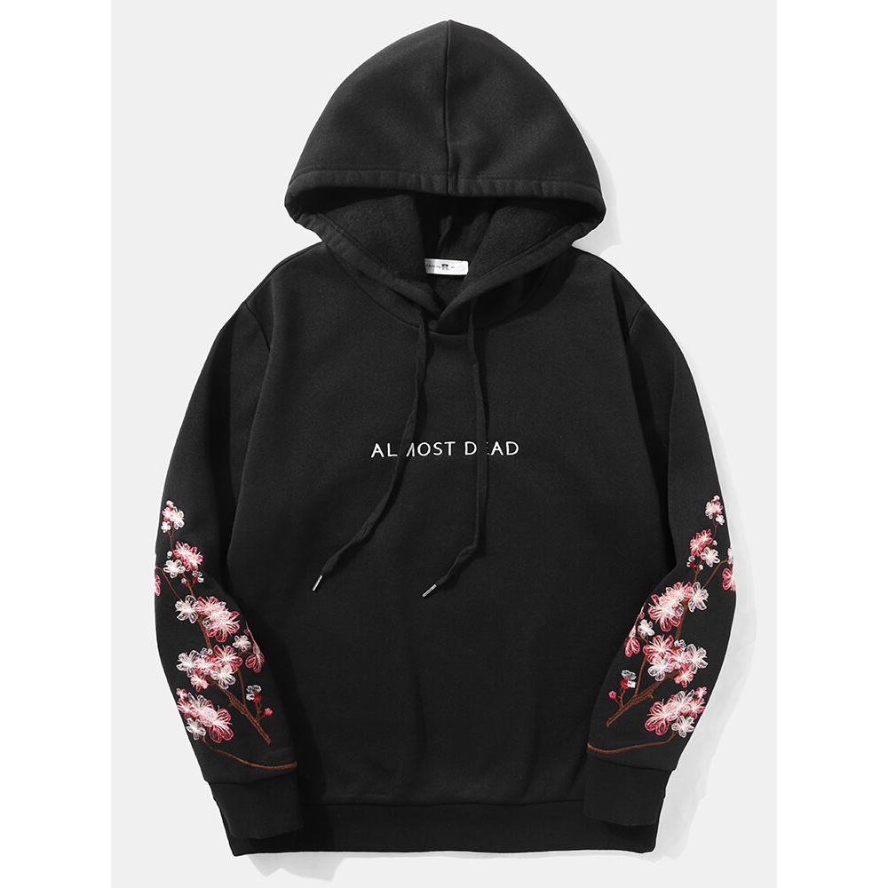 Men Embroidery Letter Drawstring Hooded Sweatshirt - Black S