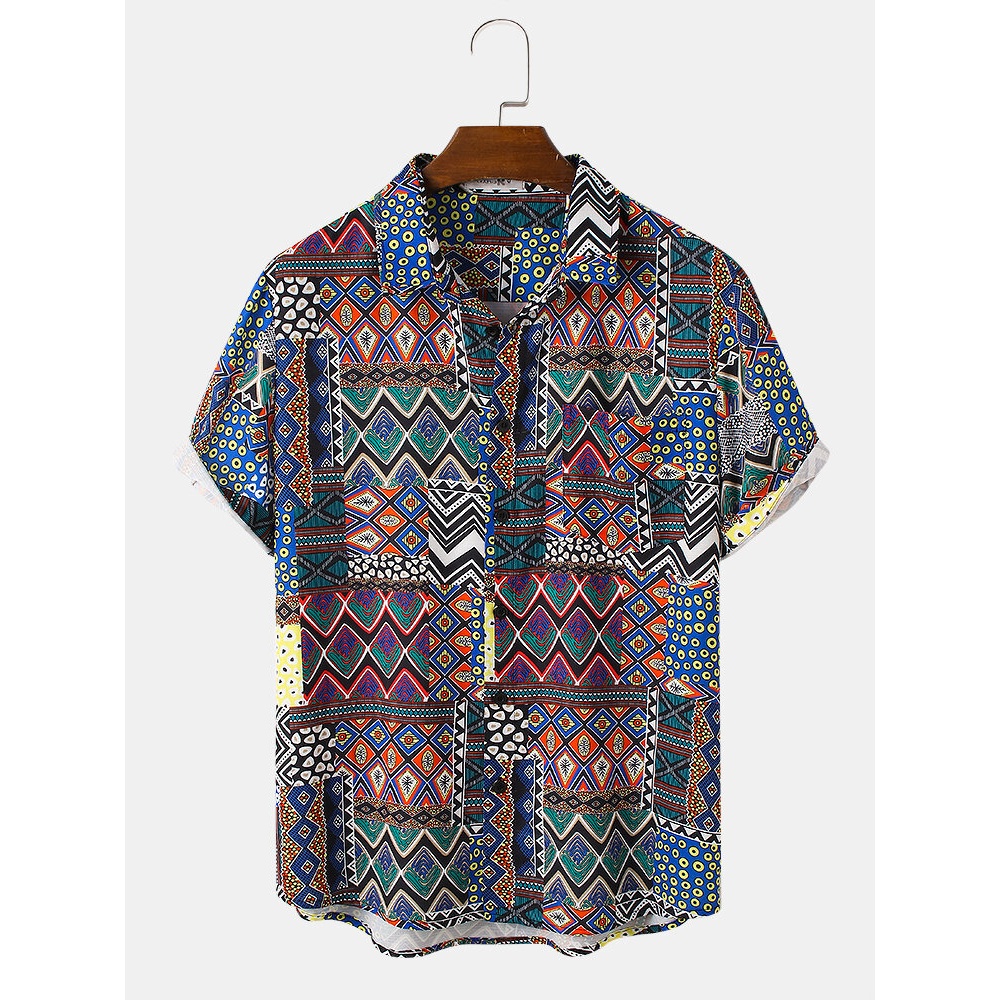 Mens Tribal Geometry Print Lapel Short Sleeve Vintage Shirts - Blue S