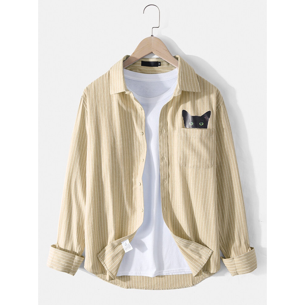 Mens Cotton Linen Pinstripe Cat Print Casual Chest Pocket Long Sleeve Shirts - Khaki M