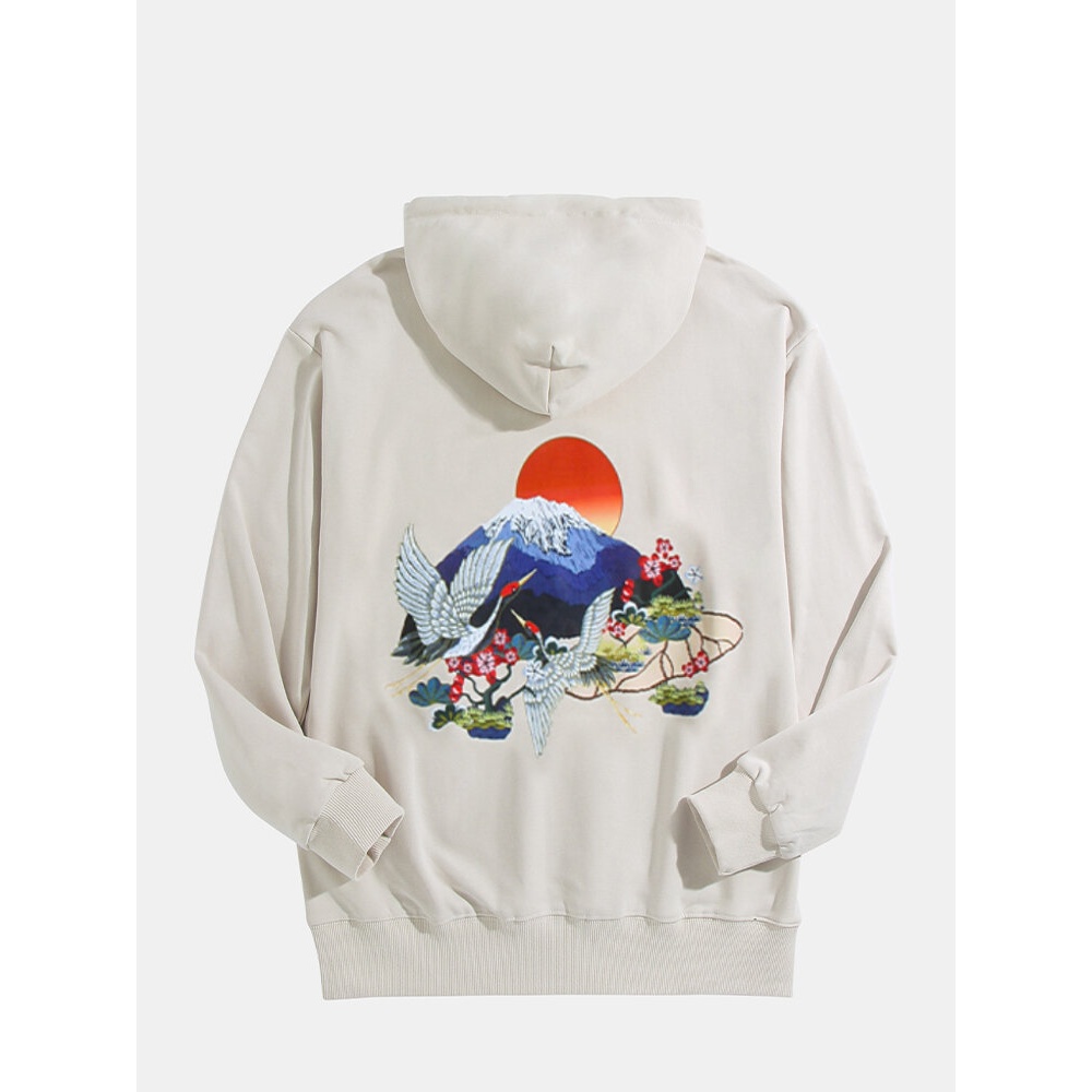 Mens 100% Cotton Crane Landscape Back Print Pouch Pocket Drawstring Hoodies - Khaki L