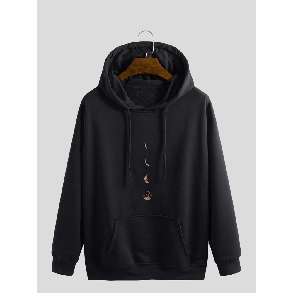 Men 100% Cotton Moon Print kangaroo Pocket Drawstring Hooded Sweatshirt - M Red