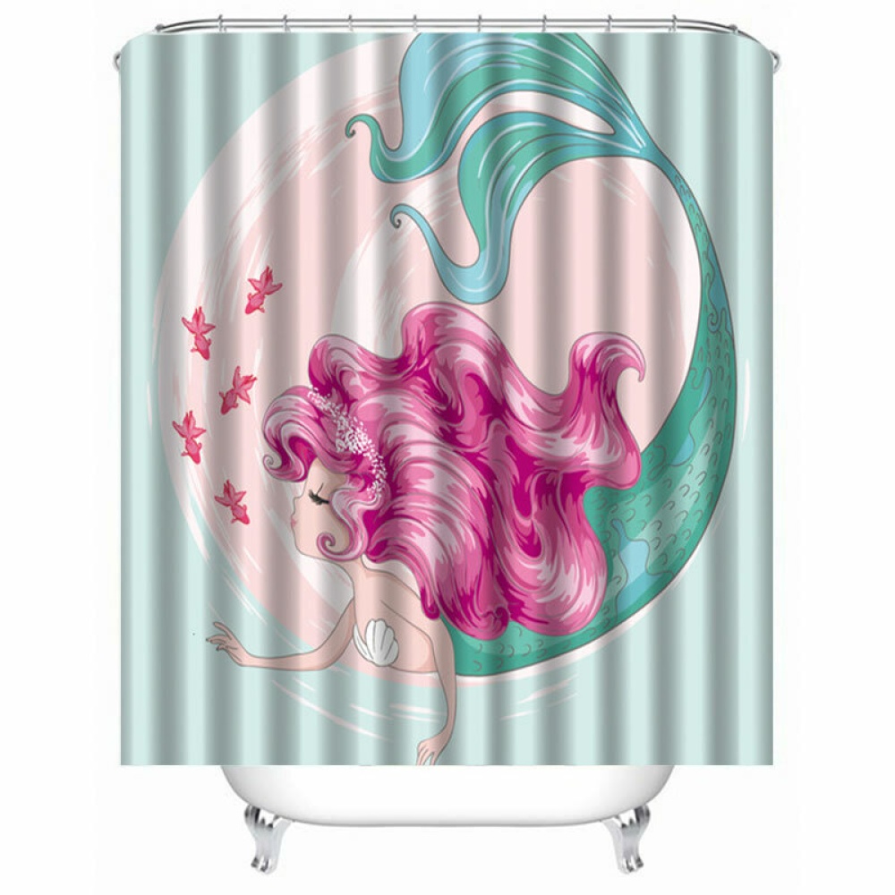 Pink Mermaid Shower Curtain Waterproof Fabric Bathroom Decor with 12 Hooks Cartoon Mermaid Wave Fish for Kids Adult - 1 - Image 2