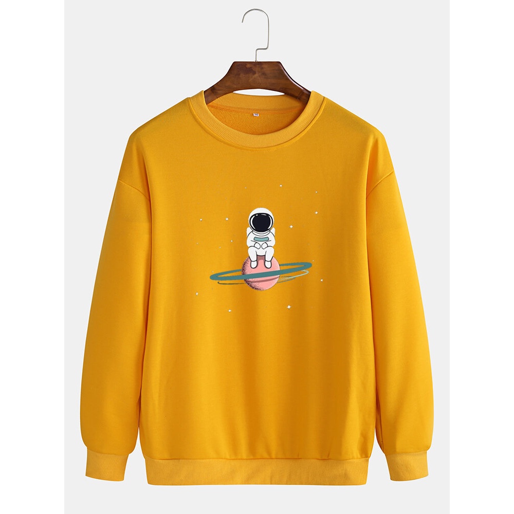 Men Cute Cartoon Astronaut Print Long Sleeve Drop Shoulder Cotton Sweatshirts - Black M