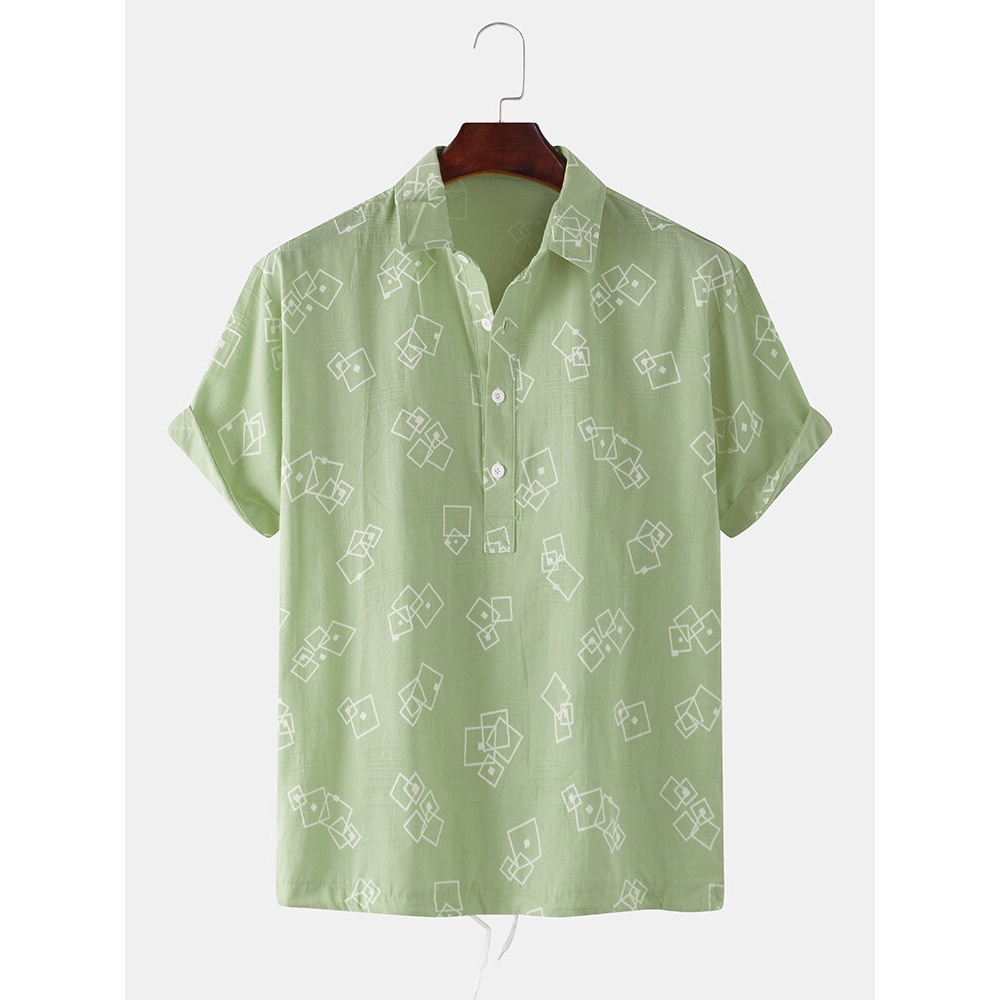 Mens Cotton Solid Square Geometric Print Home Casual Lapel T-Shirts - Pink 3XL