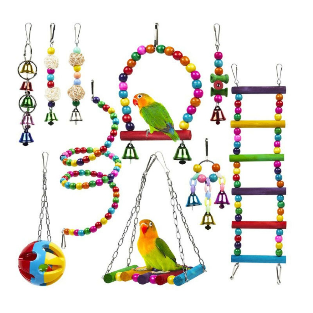 10 Pack Bird Cage Toys for Parrots Reliable & Chewable - Swing Hanging Chewing Bite Bridge Wooden Beads Ball Bell Toys - Image 2