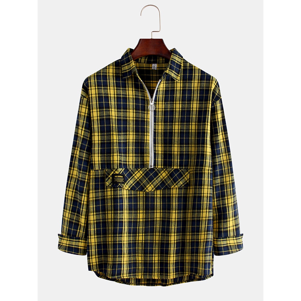 Mens New Korean Version Wild Plaid Zipper Shirts - S Black