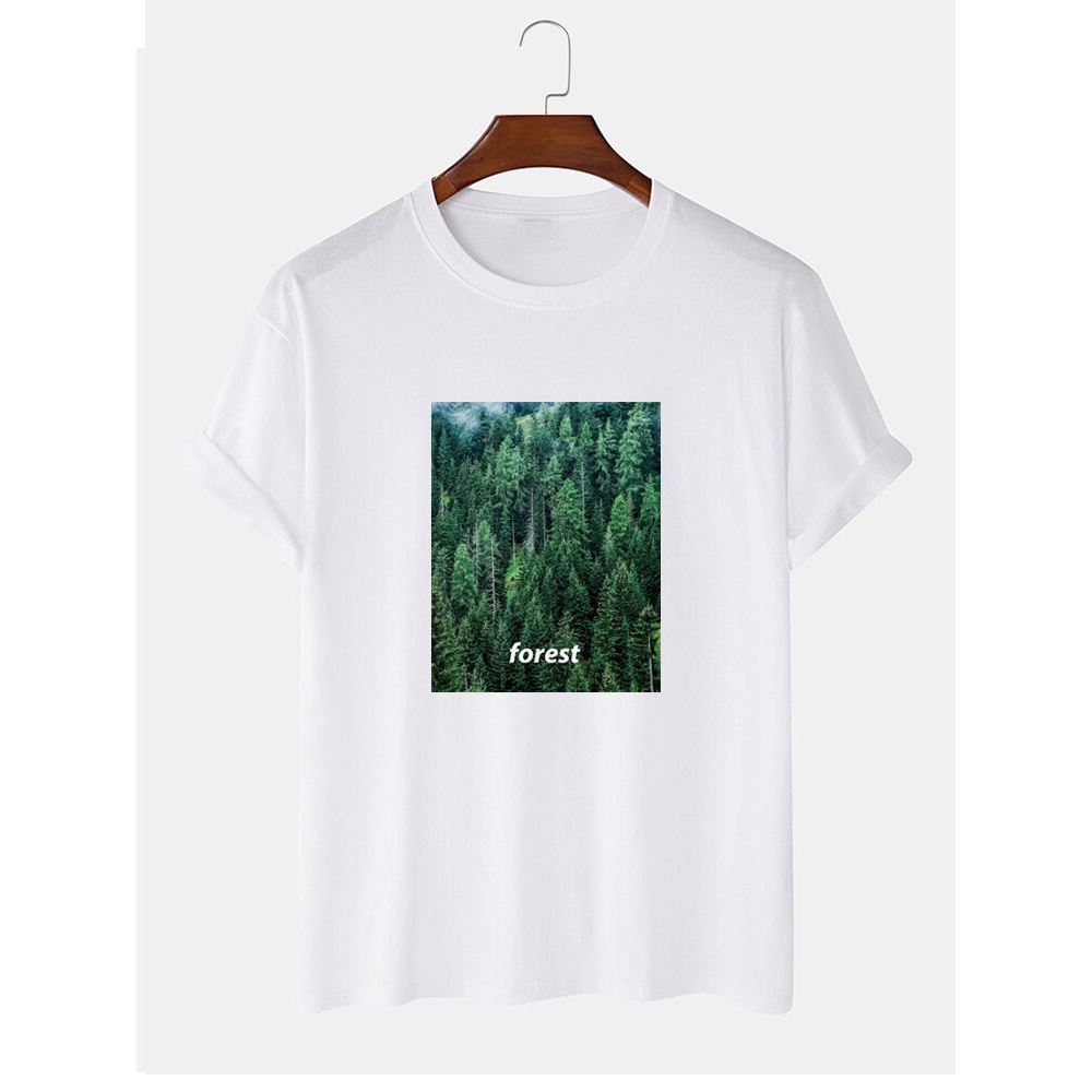Mens 100% Cotton Forest Print Casual Short Sleeve T-Shirts - Grey S