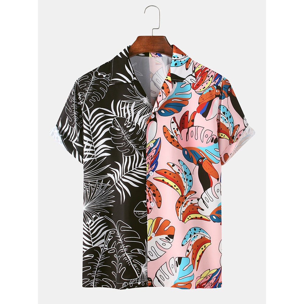 Colorful Cartoon Leaves Print Stitching Unique Design Holiday Shirts - Black M