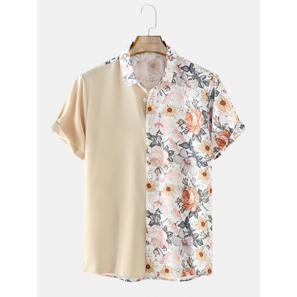 Mens Holiday Solid Floral Print Patchwork Shirts - Yellow XL