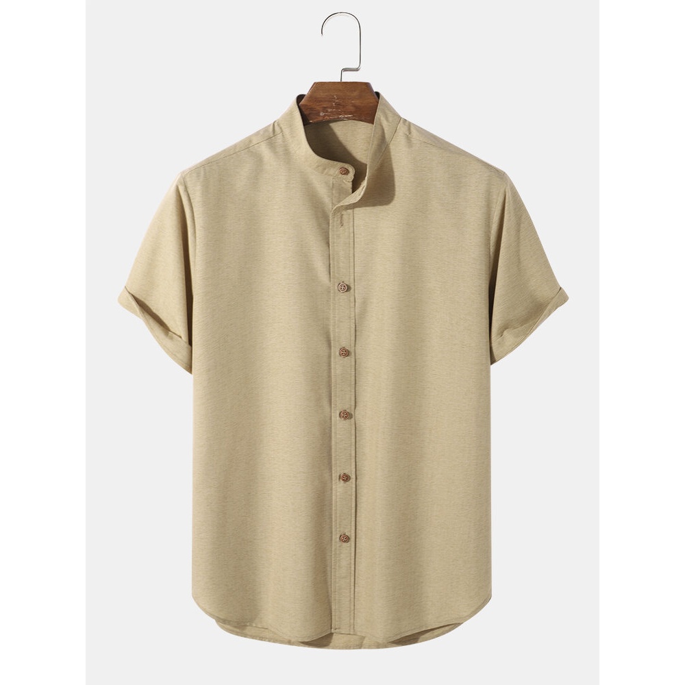 Mens Casual Solid Color Grandad Collar Button Up Shirts - Green S