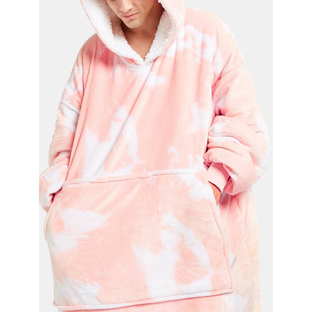 Mens Tie-Dye Thicken Fleece Lined Warm Loose Blanket Hoodie With Kangaroo Pocket - Orange One Size