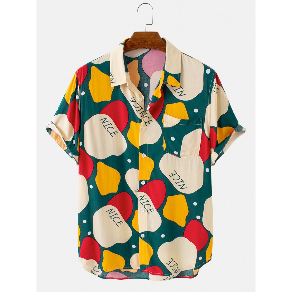 Irregular Geometric Block Print Chest Pocket Casual Short Sleeve Shirts - Green 2XL