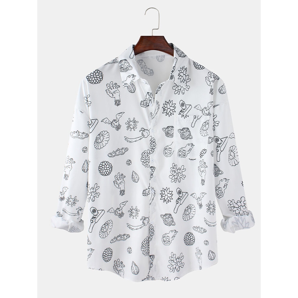 Mens Cotton Simple Cartoon Print Long Sleeve Shirts With Pocket - White L