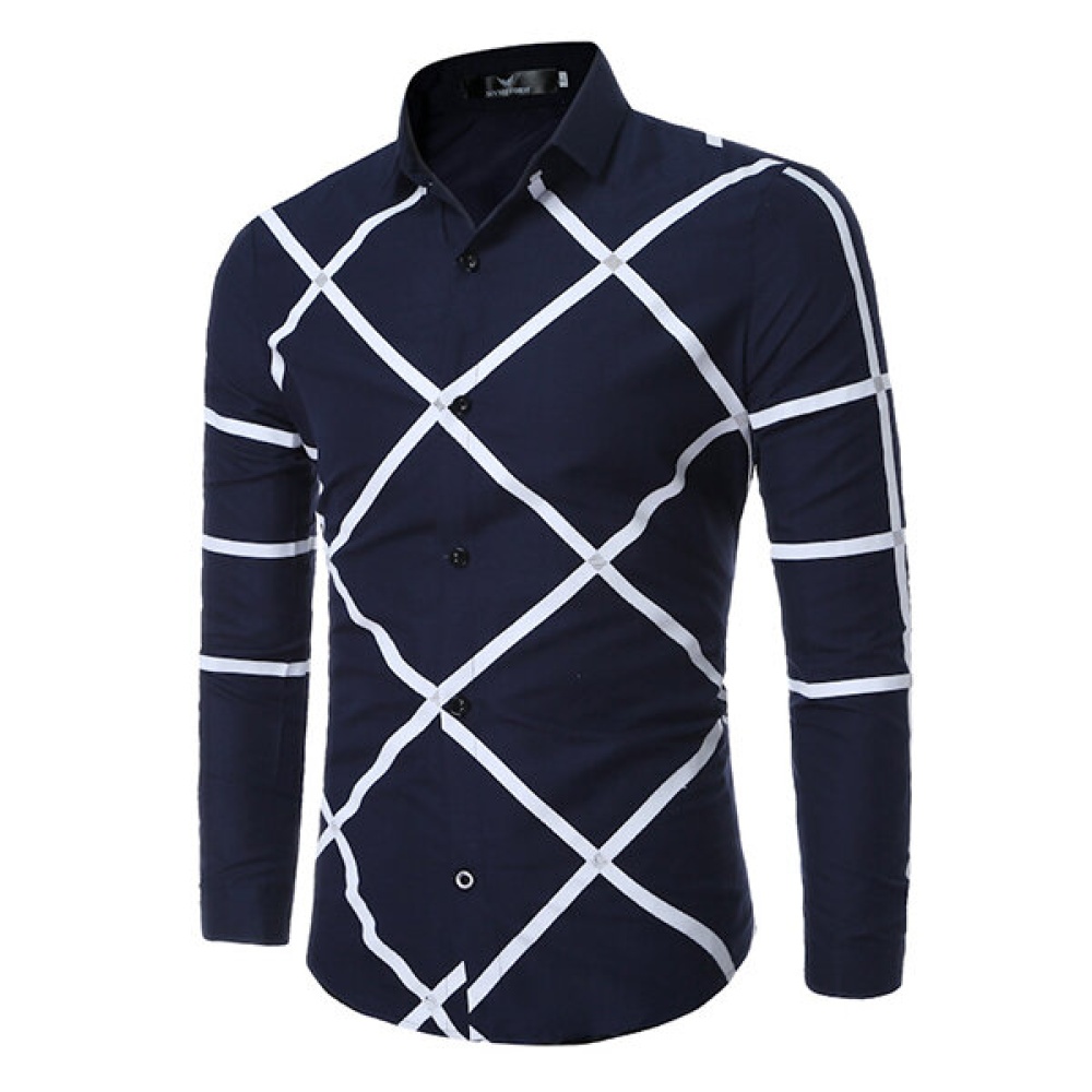 Mens Geometric Printing Fashion Casual Long Sleeve Lapel Shirts - White XS