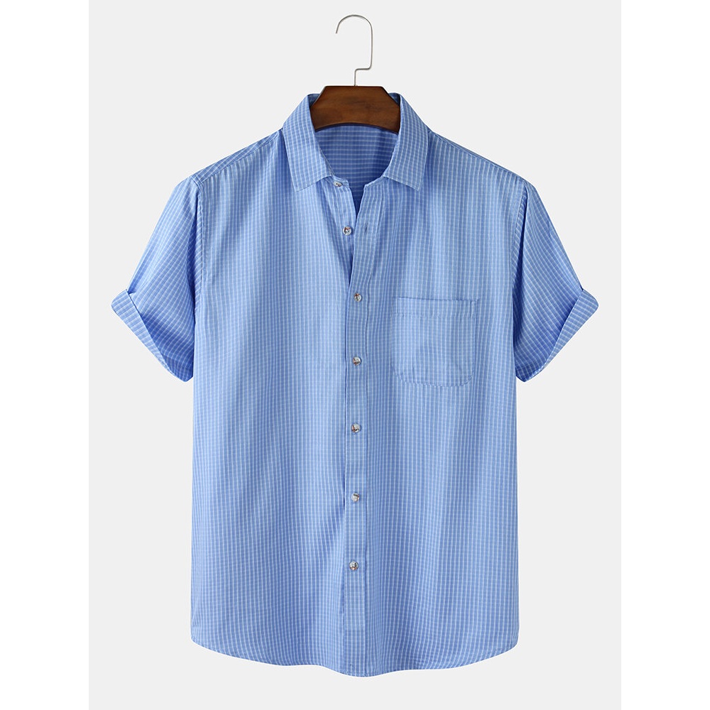 Mens Pinstripe Cotton Breathable Casual Short Sleeve Shirts With Pocket - Black M