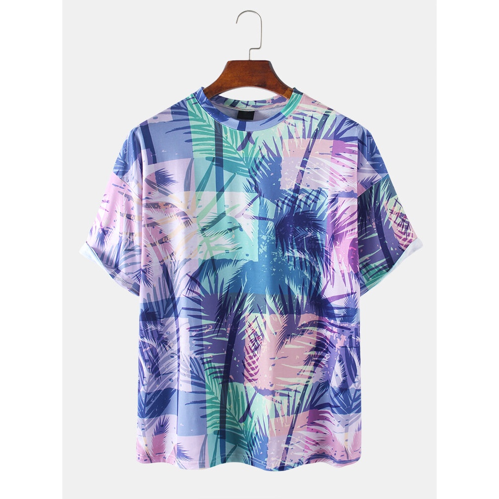 Cotton Mens Colorful Tropical Plant Leaves Print Holiday Short Sleeve T-Shirts - Purple XL