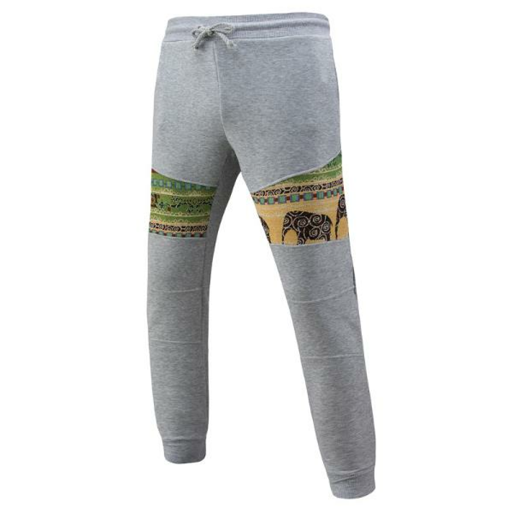Men's Casual Jacquard Elastic Pants National Style Printing Drawstring Sport Trousers - M Dark Gray