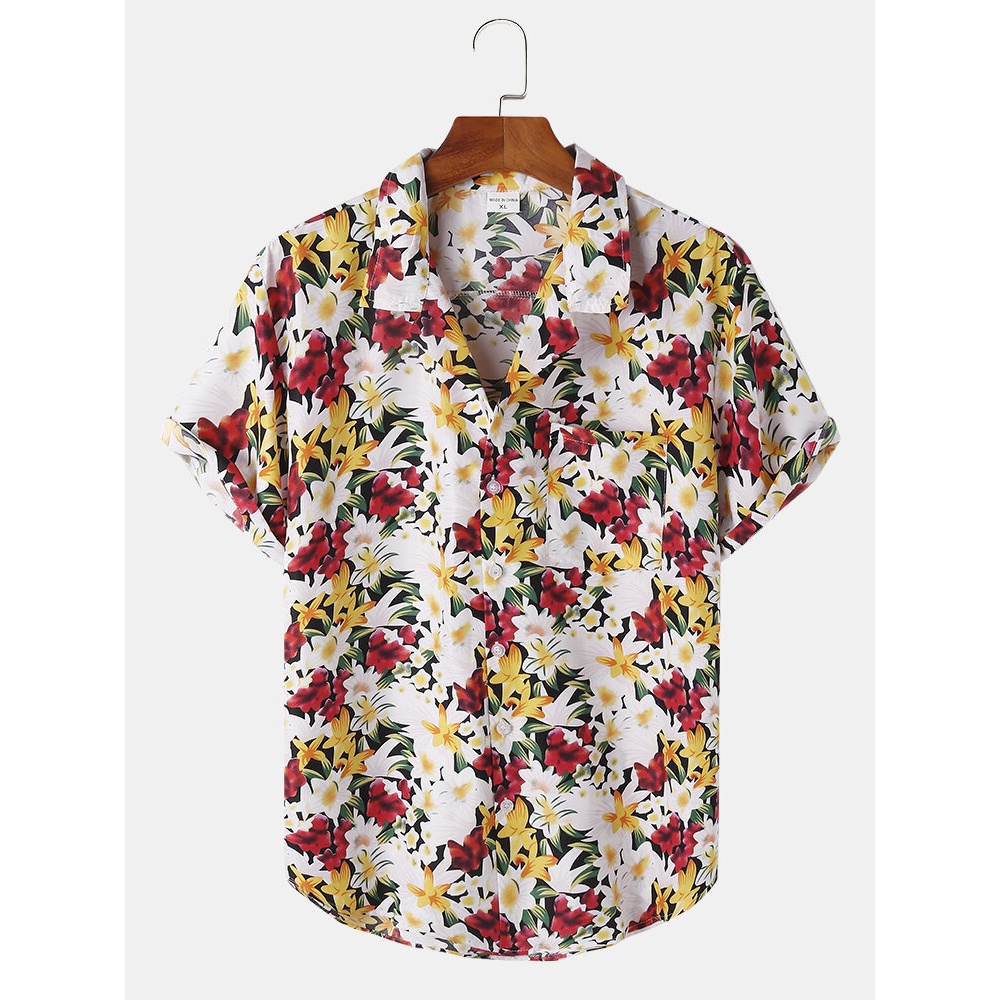 Mens Cotton Flower Print Revere Collar Short Sleeve Shirt - Red S