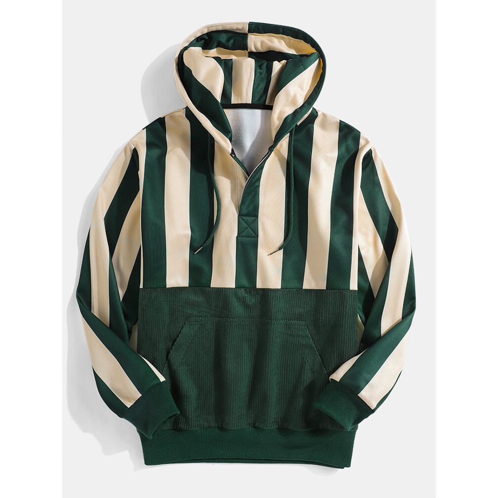 Mens Stripe Corduroy Patchwork Casual Pouch Pocket Button Henley Hoodies - Green 2XL