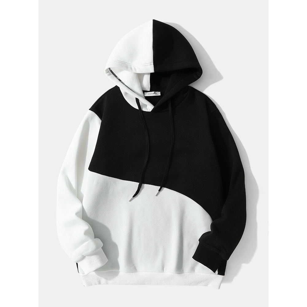 Mens Casual Color Block Patchwork Drawstring Hoodies - Black S