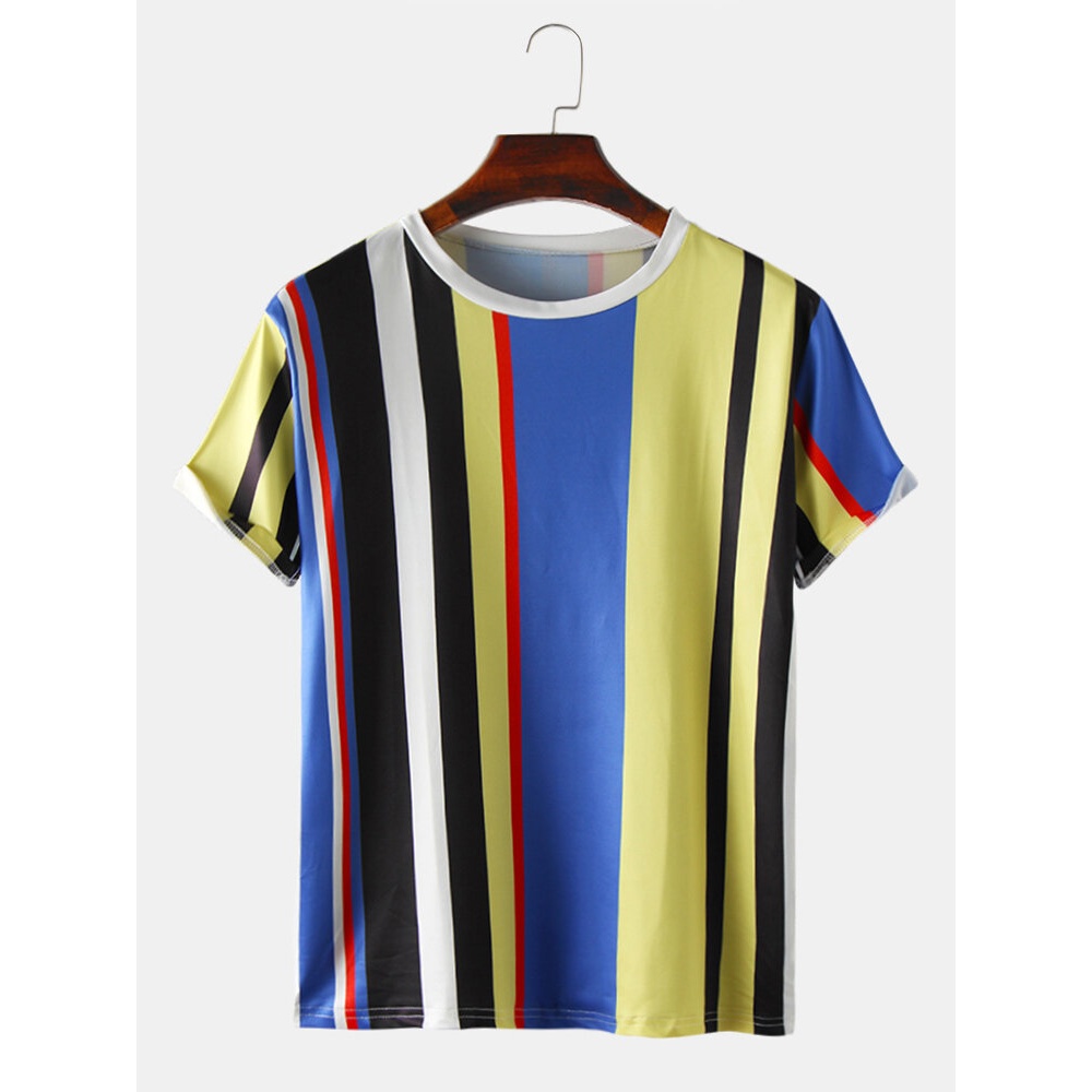 Mens Vertical Stripes Print Casual Short Sleeve T-Shirts - Colorful M