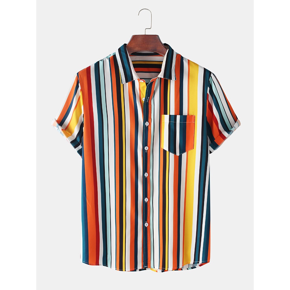 Mens Colorful Striped Turn Down Collar Short Sleeve Shirts - Colorful M