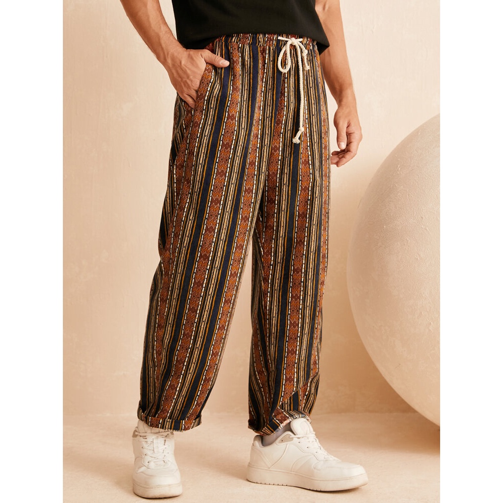 Men Ethnic Style Striped Loose Drawstring Waist Casual Pants - Orange S