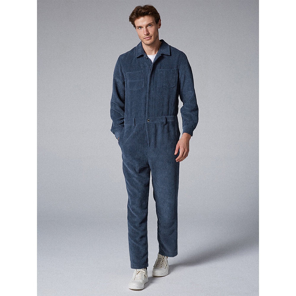 Mens Fashion Corduroy Pants Double Pockets Pore Color Casual Jumpsuit - XL Navy