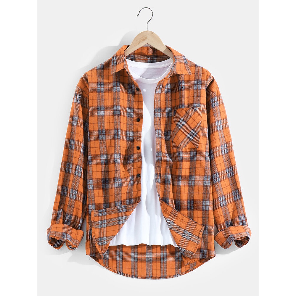 Mens Plaid Lapel Chest Pocket Cotton Long Sleeve Shirts - White S