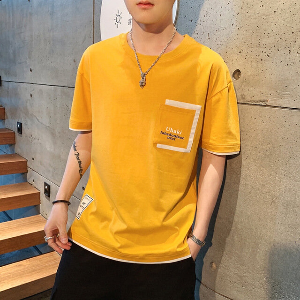 New Trend Slim Casual Color Matching Men's Short-sleeved T-shirt Bottoming Shirt Cotton T-shirt One Hair - XL Dark Gray