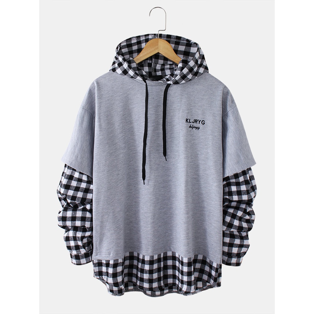 Mens Cotton Check Letter Print Faux Two Pieces Casual Drawstring Hoodies - Grey 2XL