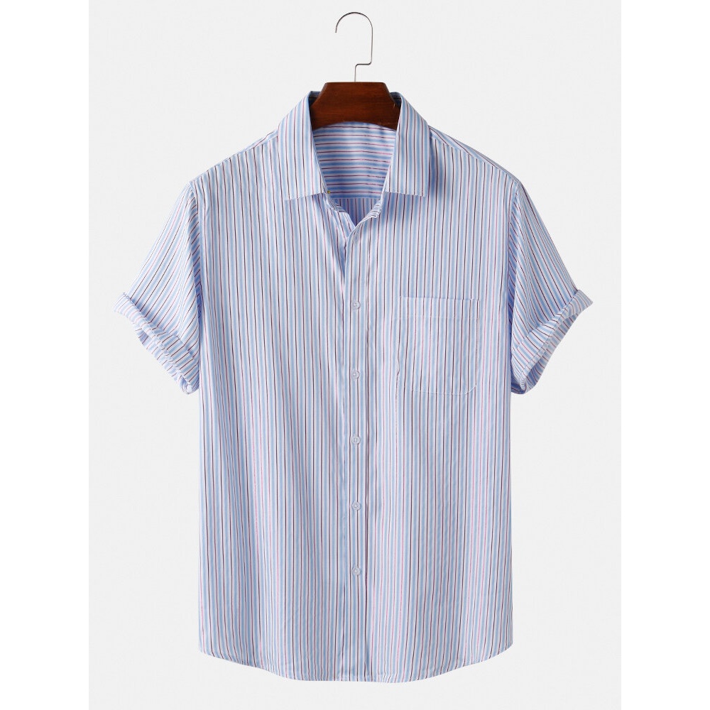 Mens Pinstripe Light Casual Short Sleeve Shirts With Pocket - Yellow L