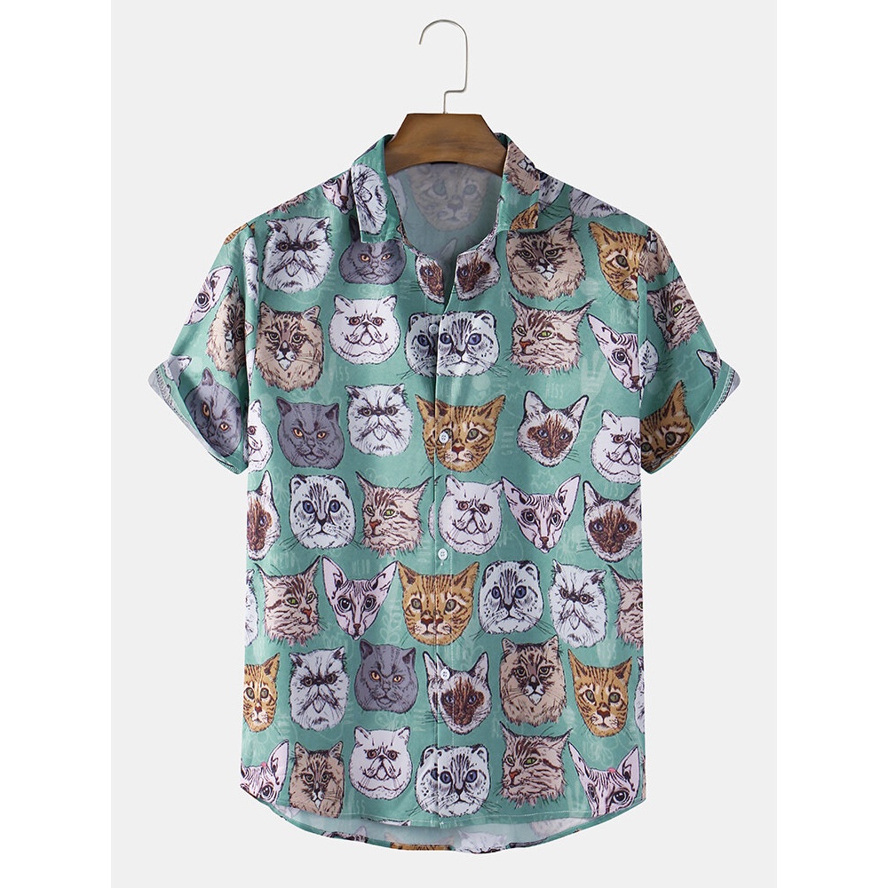 Mens Funny Multi Cat Cartoon Print Short Sleeve Casual Shirts - Blue 2XL