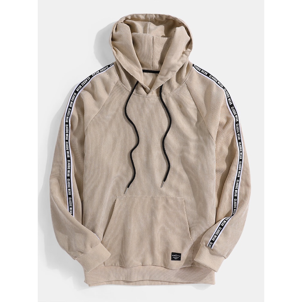 Mens Corduroy Side Letter Simple Drawstring Hoodies With Kangaroo Pocket - Apricot S
