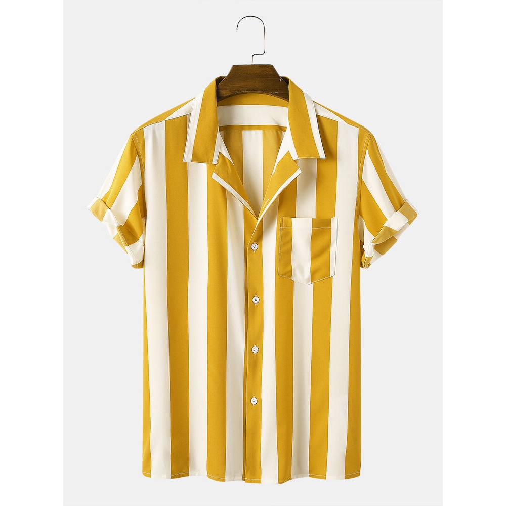 Men Casual Striped Turn-Down Collar Short Sleeve Shirts - Blue S