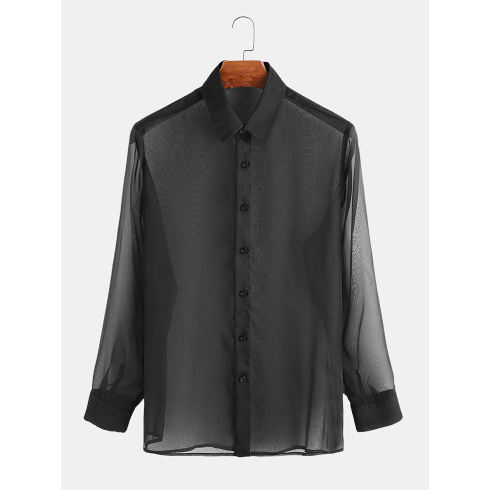 Mens Fashion Single Breasted Pure Color Long Sleeve Casual Shirts - S Black